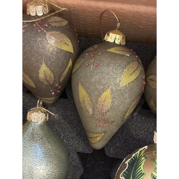 5- Green Gold hand crafted glass Xmas ornaments onion tear drop Glitter Leafs - Picture 11 of 14